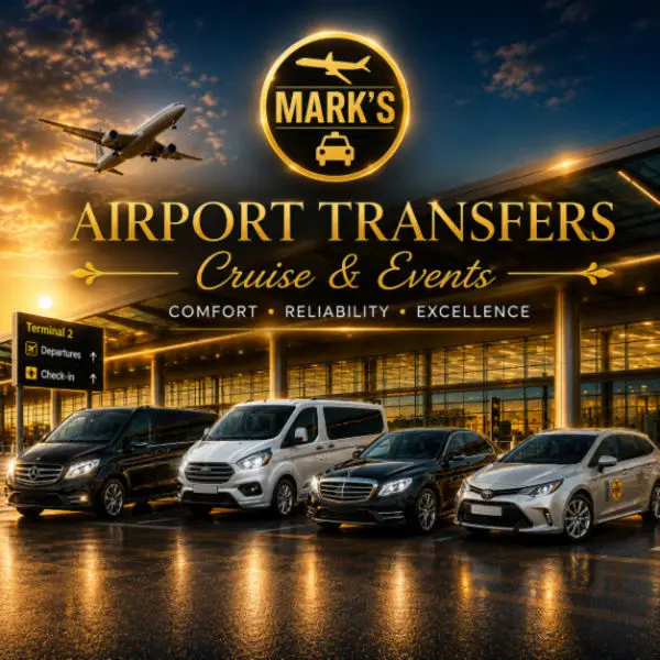 Mark's Taxis premium airport transfer fleet outside an airport